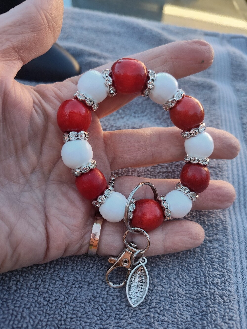 🏈Elegant Red White W/ Silver Accents Football Beaded Wristlet Keychain